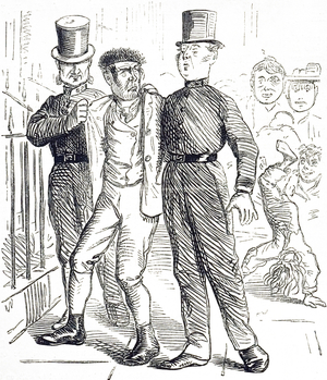 Satirical cartoon depicting English police arresting a demonstrator 1862