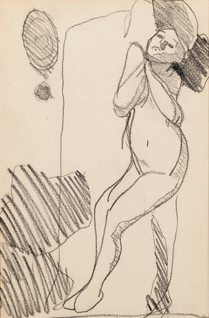 Standing nude woman in three-quarter view to the right, hands together at left shoulder, 1905(pencil on paper)