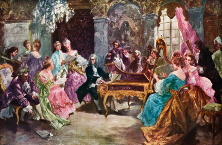 George Frideric Handel at keyboard with society audience listening