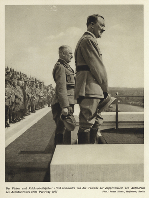 Adolf Hitler and Konstantin Hierl at the Nuremberg Rally, 1935 (b/w photo)