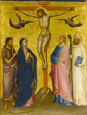 The Crucifixion with St. John the Baptist, the Virgin, St. John the Evangelist, and a Carthusian Saint, c.1385-1390 (tempera and gold leaf on panel)