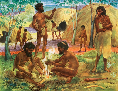 Aborigines making fire (colour litho)
