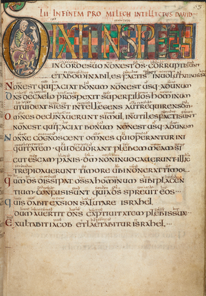 Cotton Vespasian A. I, f.53 Text of Psalm 52 showing Old English gloss and decorated headpiece