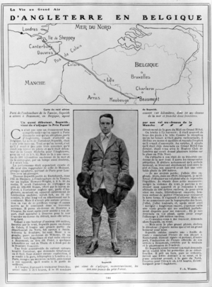 Sir Thomas Octave Murdoch Sopwith (1888-1989) english pilot and aircraft manufacturer, in 1910 he won Forest prize for for the longest flight to the European continent, here map of the flight between England and Belgium, aticle from paper La Vie au Grand Air december 24, 1910