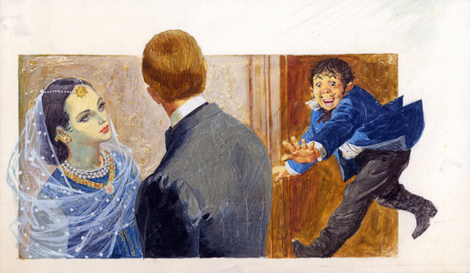 Phileas Fogg, Mrs. Auda and the servitore Passepartout, Illustration from 'Around the World in 80 Days', by Jules Verne, 1969 (colour litho)