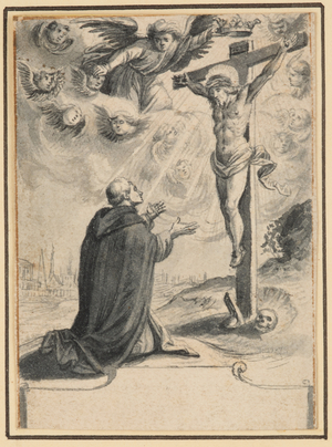 A kneeling friar before a vision of Christ on the cross, 1601-1700 (pen and brush and blueish grey ink and wash on paper)