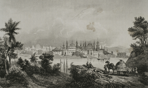 Russia, Astrakhan. View of the citadel (Kremlin). Engraving, 19th century.