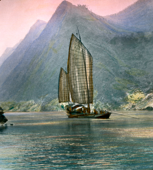 Missionaries Traveling on Houseboat, Western China, Hand-Colored Magic Lantern Slide, Newton & Company, 1920 (photo)