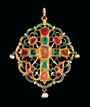 Armenian gemset and enamelled reliquary (gemstones, enamel & pearl set in gold)