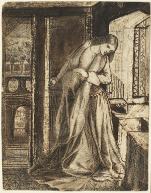 Lady Clare (pen & ink, brown and black wash over graphite on paper)