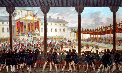 Gathering in Paris for flags presentation and French emperor Napoleon 1st cheering, june1, 1815, engraving by Janet