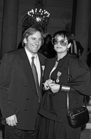 French actor Gerard Depardieu and singer Barbara (Monique Andree Serf) at the Elysee, Paris, after they received the Legion of Honour, September 16, 1988 (b/w photo)