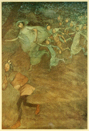 Enter Sir Hugh Evans, Anne Page, and others, from The Merry Wives of Windsor, pub. 1910 (colour litho)