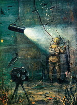 A Diver at Work on a Wreck (colour litho)