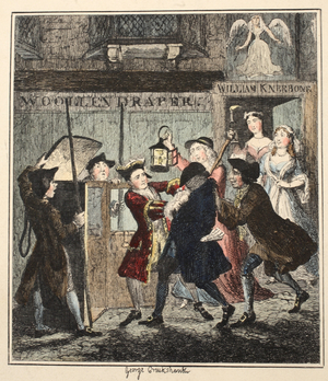 Jack Sheppard Tricking Shotbolt, illustration from 'Jack Sheppard: A Romance' by William Harrison Ainsworth, published 1839 (hand coloured etching)