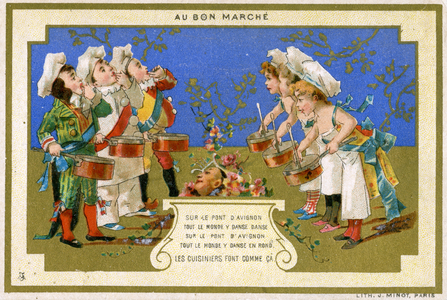 Promotional card for the Parisian Department Store 'Au Bon Marché', depicting cooks dancing on the Bridge at Avignon, c.1895 (colour lithograph)