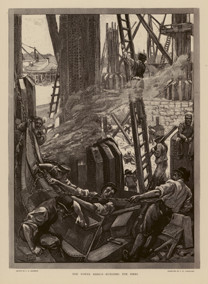 Building the piers of Tower Bridge, London (engraving)