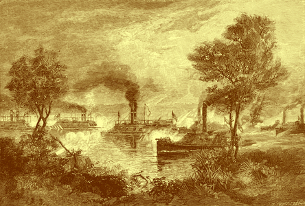 The Battle of Plum Point Bend or the Naval Battle of Fort Pillow on 10 May, 1862. American Civil War.