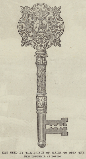 Key used by the Prince of Wales to open the New Townhall at Bolton (engraving)