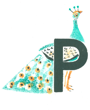 P is for peacock, 2015 (letterprsss, stencils, pen and ink)