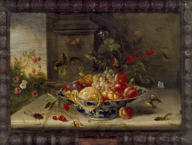 Decorative Still-Life Composition with a Porcelain Bowl, Fruit and Insects (oil on copper)