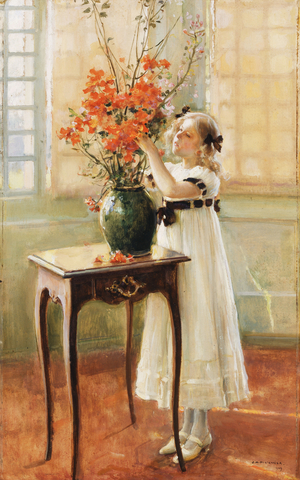 A Young Girl Arranging Spring Flowers, 1909 (oil on board)