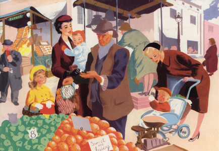 Sally is helping her mother to buy the food (colour litho)