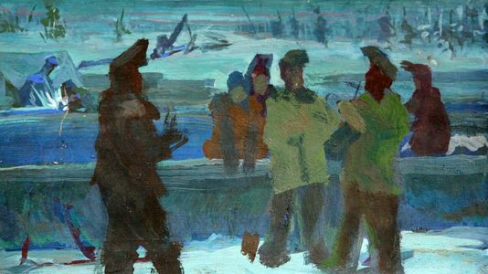 Laying the Gas Pipes, 1977 (oil on paper)