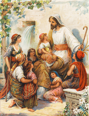 "Suffer the little children to come unto me" (colour litho)