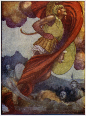 Mars, like a thunder-cloud, swept upwards through the sky to Olympus (colour litho)
