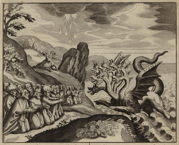 People worshipping the seven-headed beast out of the sea (engraving)