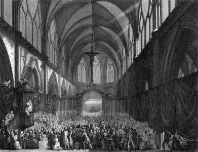 Funeral of citizens dead during siege of the Bastille in Paris: mass celebrated by Abbe Fauchet on august 5, 1789, engraving by Berthault after Prieur