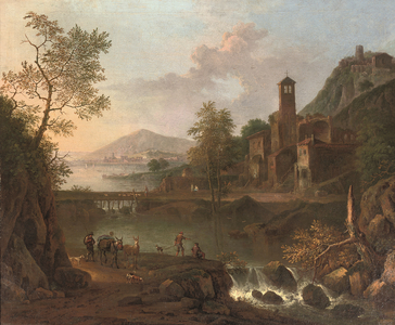 An Italianate river landscape with a muleteer and anglers, a hilltop town beyond (oil on canvas)
