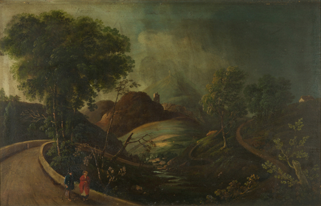 Landscape with two figures on a road (oil on panel)