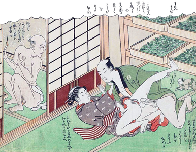 Japan: A man takes advantage of a woman in a tea-drying room watched by an old man with a candle the diminutive Mane'emon (who approaches stealthily). Suzuki Harunobu (1724-1770), 1770