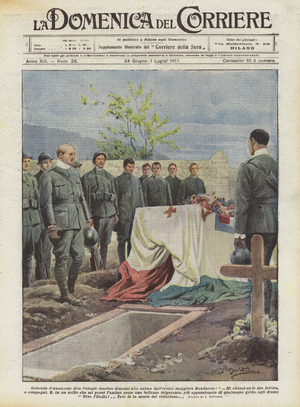 Gabriele d'Annunzio says the funeral eulogy before the body of the heroic Major Randaccio (colour litho)