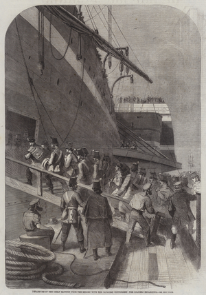 Departure of the Great Eastern from the Mersey with the Canadian Contingent, the Soldiers embarking (engraving)