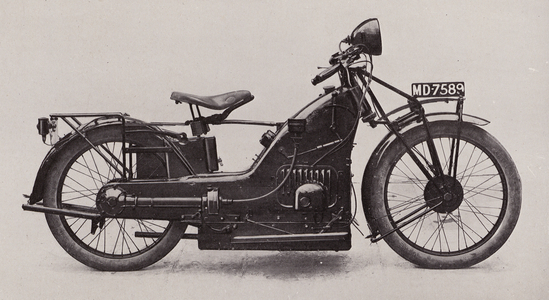 The Low motor cycle with two-stroke four-cylinder 492 cc capacity engine, three-speed constant mesh and gate control, positive dynamo lighting equipment, cantilever front and laminated back springs in addition to saddle springs, and all working parts encl (b/w photo)