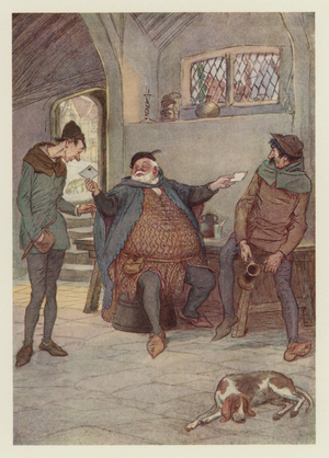Go, bear thou this letter to Mistress Page, and thou this to Mistress Ford (colour litho)