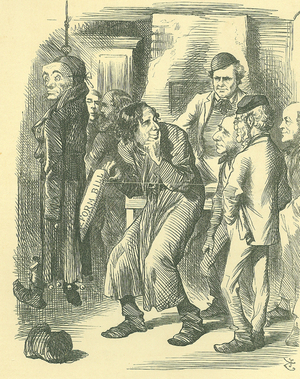 Fagin's Political School: Reform of Parliament - extension of the franchise. Disraeli carried the Reform Bill through the Commons in 1867, claiming credit for acceptance of the legislation. Here he is shown picking it from the pocket of Lord John Russell. John Tenniel cartoon from Punch, London, 9 November 1867.