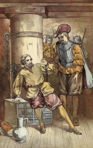 Columbus in chains (colour litho)