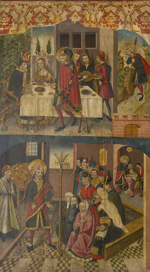 Saint Christopher Taking Leave of the King Who Feared Satan, Saint Christopher and His Converts, 1480-85  (tempera with oil glazes on panel)