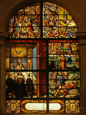 Window in the Charnier (w.6) depicting the Passover, Easter and sins (stained glass)