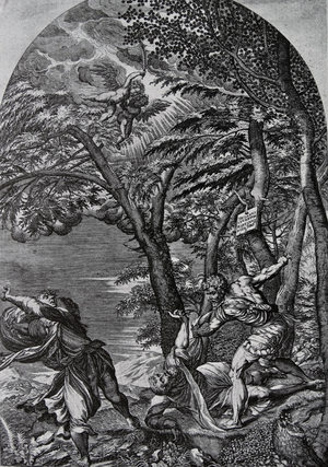 The engraving shows Titian's altarpiece, destroyed by fire