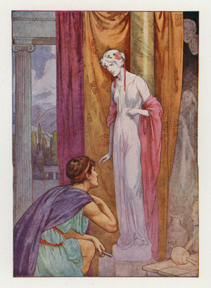 Pygmalion and the sculpture (colour litho)