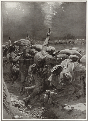 Keeping off a night attack on the Western Front - a ruse de Guerre in the Trenches - firing star pistols and rifles at once. Published in The Sphere, 25 December 1915. (litho)