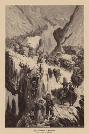 Yak caravan in the mountains of Central Asia (litho)
