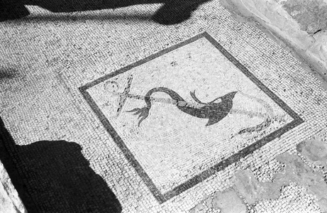 Greece - A mosaic on the island of Delos, Greece, depicts a dolphin coiling around an anchor, Greece, 1950s. An ancient mosaic at the island of Delos depicting a dolphin winding around an anchor, Greece, showing, to dolphins, 1950s.