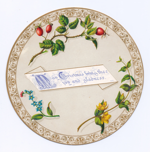 A Victorian die-cut shape Christmas card of a plate with flowers on it, c.1880 (colour litho)
