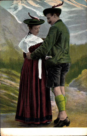 Couple in Bavarian national costumes, pants, feathered hats (postcard)